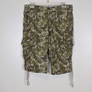 Lucky Brand Size 16/33 100% Cotton Green/Tan Floral Cargo Capri